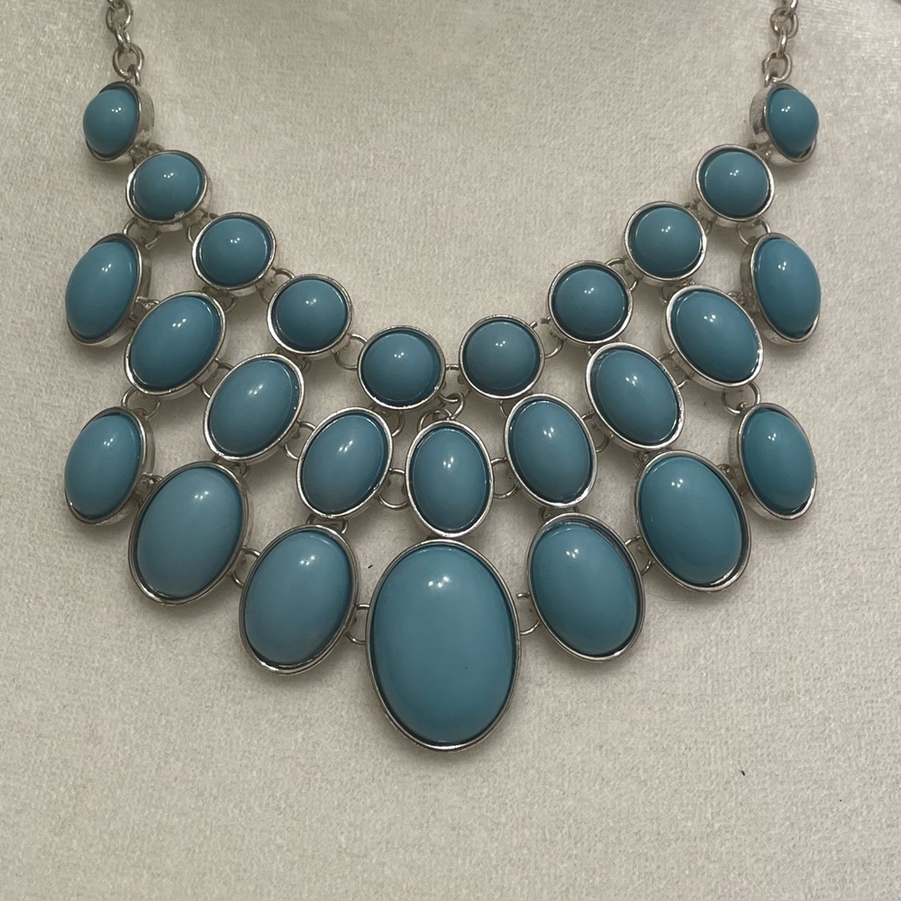 Turquoise Statement Bib Necklace, Silver Tone Chunky Collar, Boho Festival